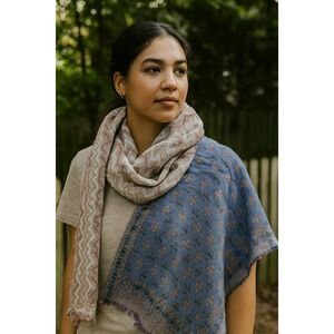 J Jill Pure Jill‎ Scarf Blue Beige Pink Zig Zag Geometric Fringe Cotton Acrylic